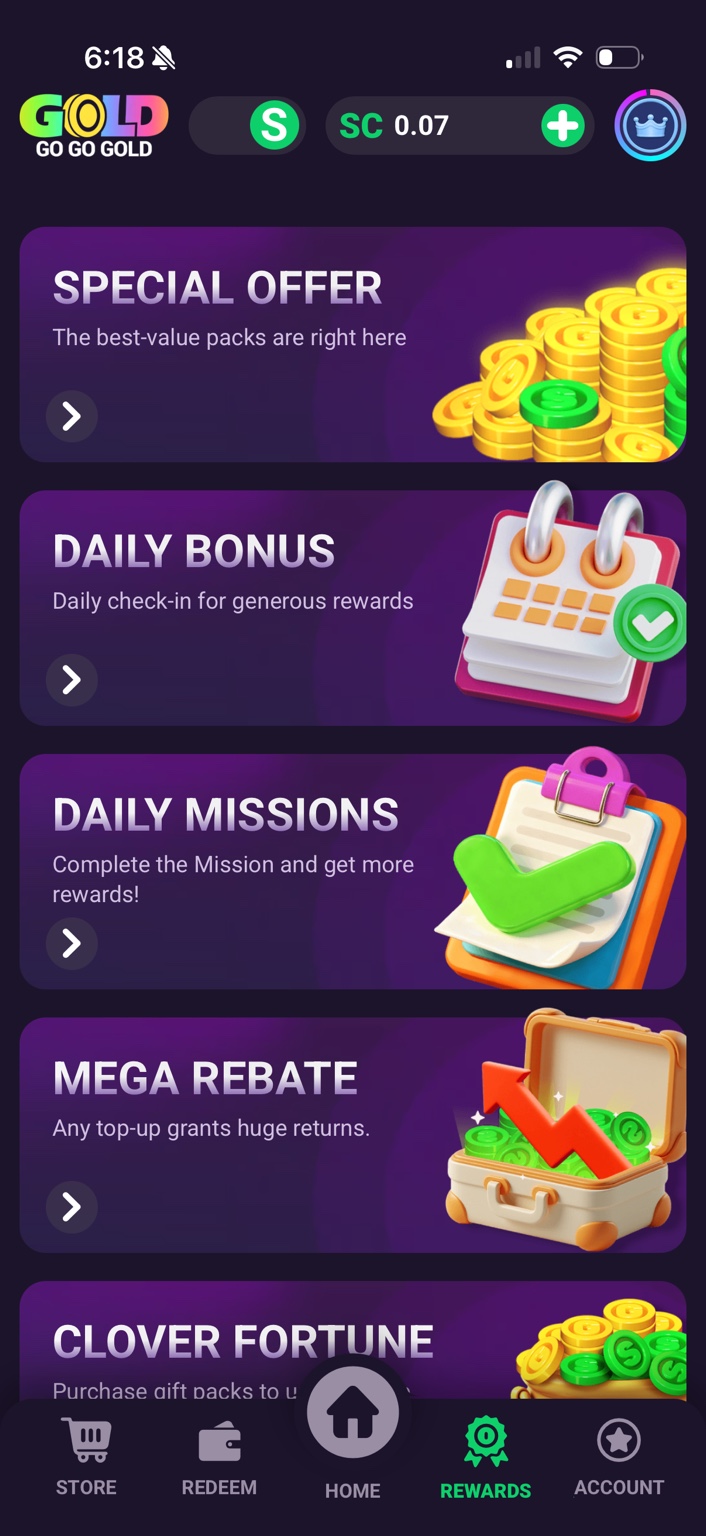 Nikki’s screenshot of the Go Go Gold app rewards screen, showing daily bonus, missions and offer cards